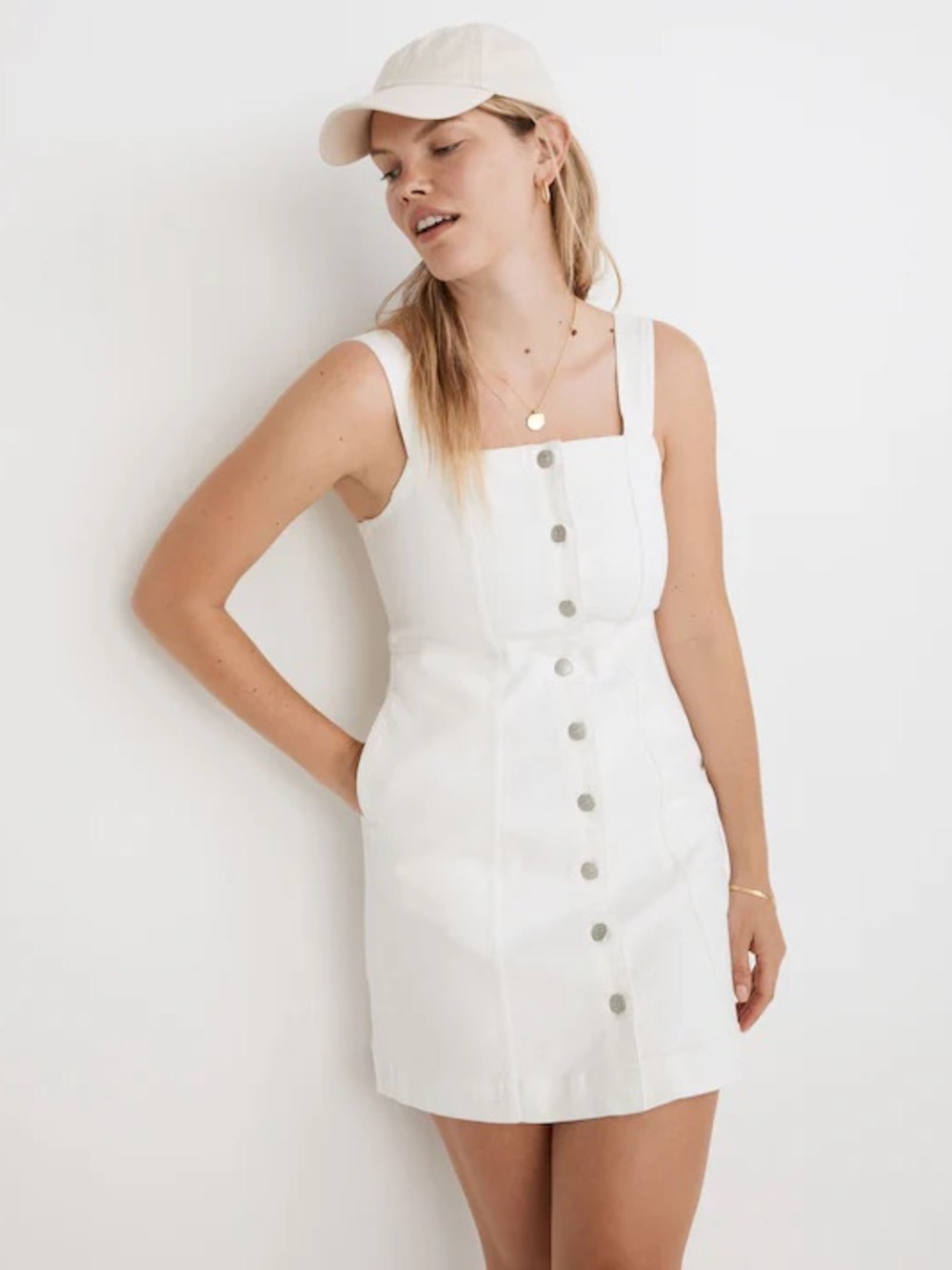 Madewell White Button-Front Square Neck Mini Dress